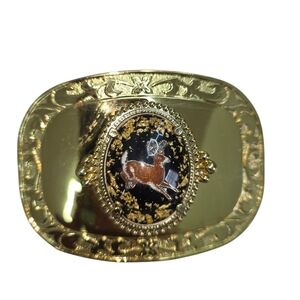 Vintage Rare Western Style Gold Tone Belt Buckle W/ Oval Cochran Deer Motif